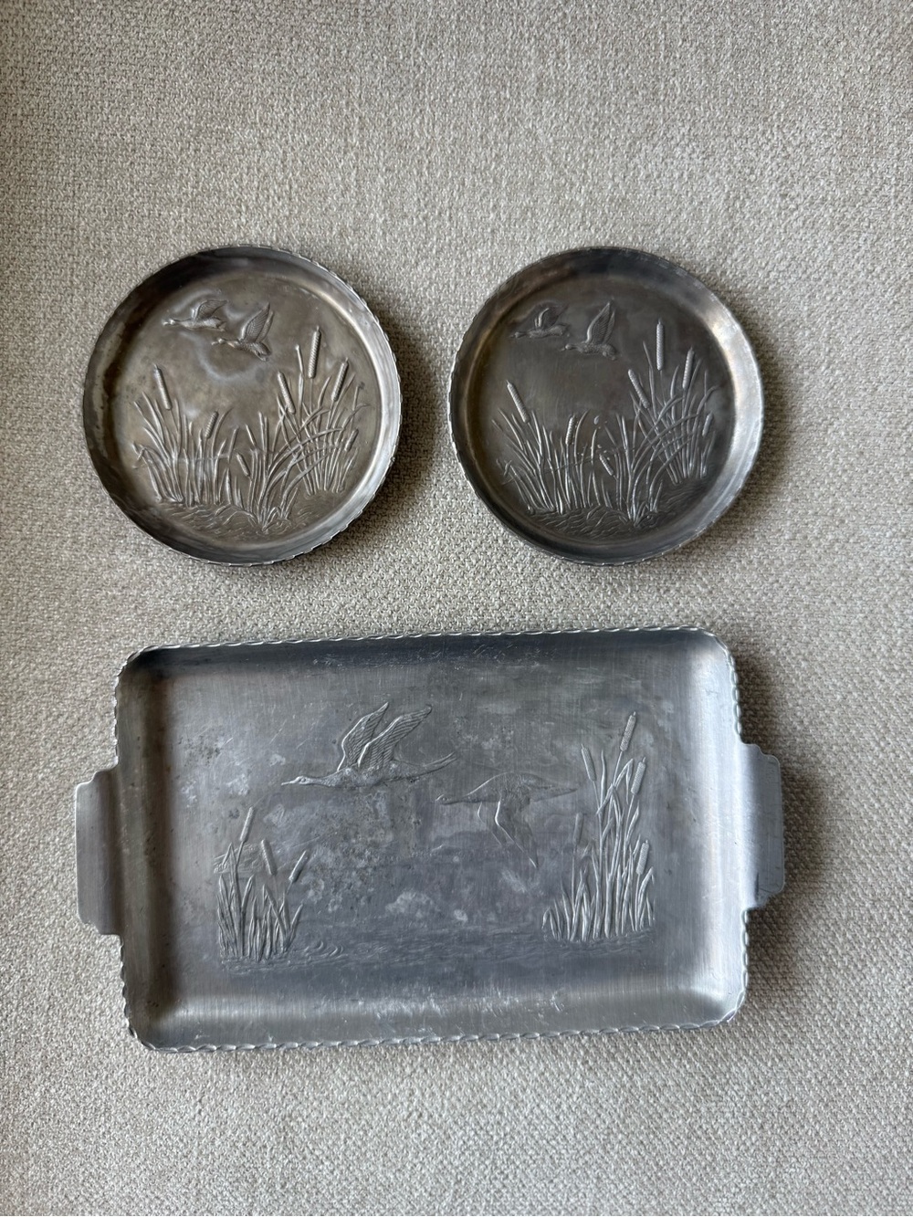 Vintage Aluminum Tray and Coaster Set with Flying Ducks Relief